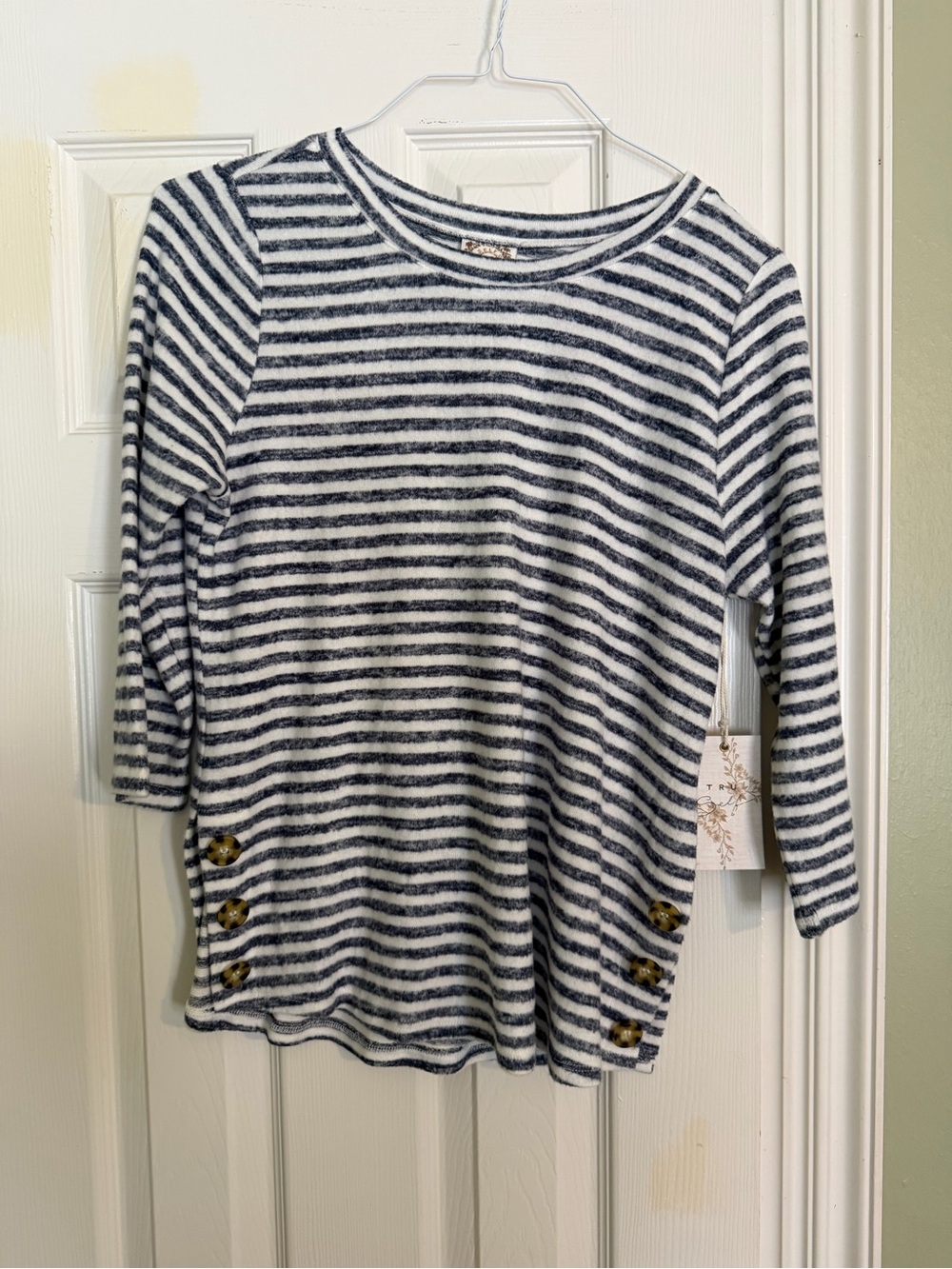 NWT Striped Navy and White Long Sleeve Women's Top with Side Button Detail